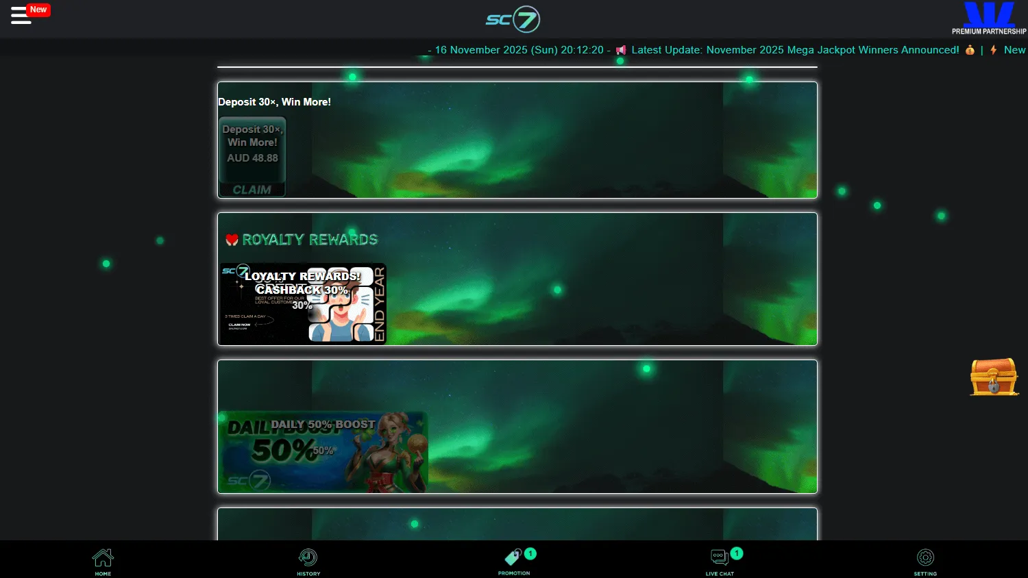 Sc7 Casino desktop promotions screen showing the $89.98 AUD no deposit offer