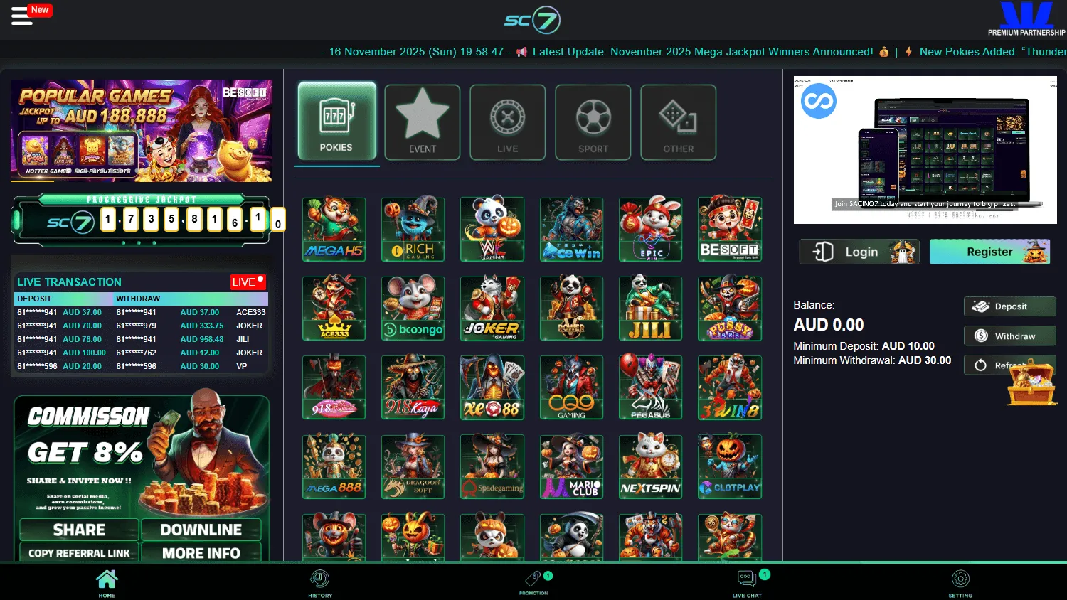 Sc7 Casino desktop home screen with AUD account access and casino games