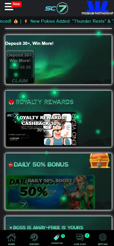 Sc7 Casino mobile promotions screen showing the $89.98 AUD no deposit offer