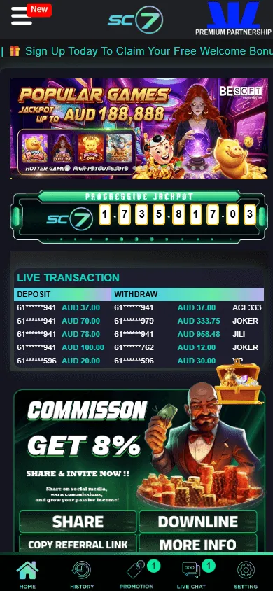 Sc7 Casino mobile home screen for Android and iOS access